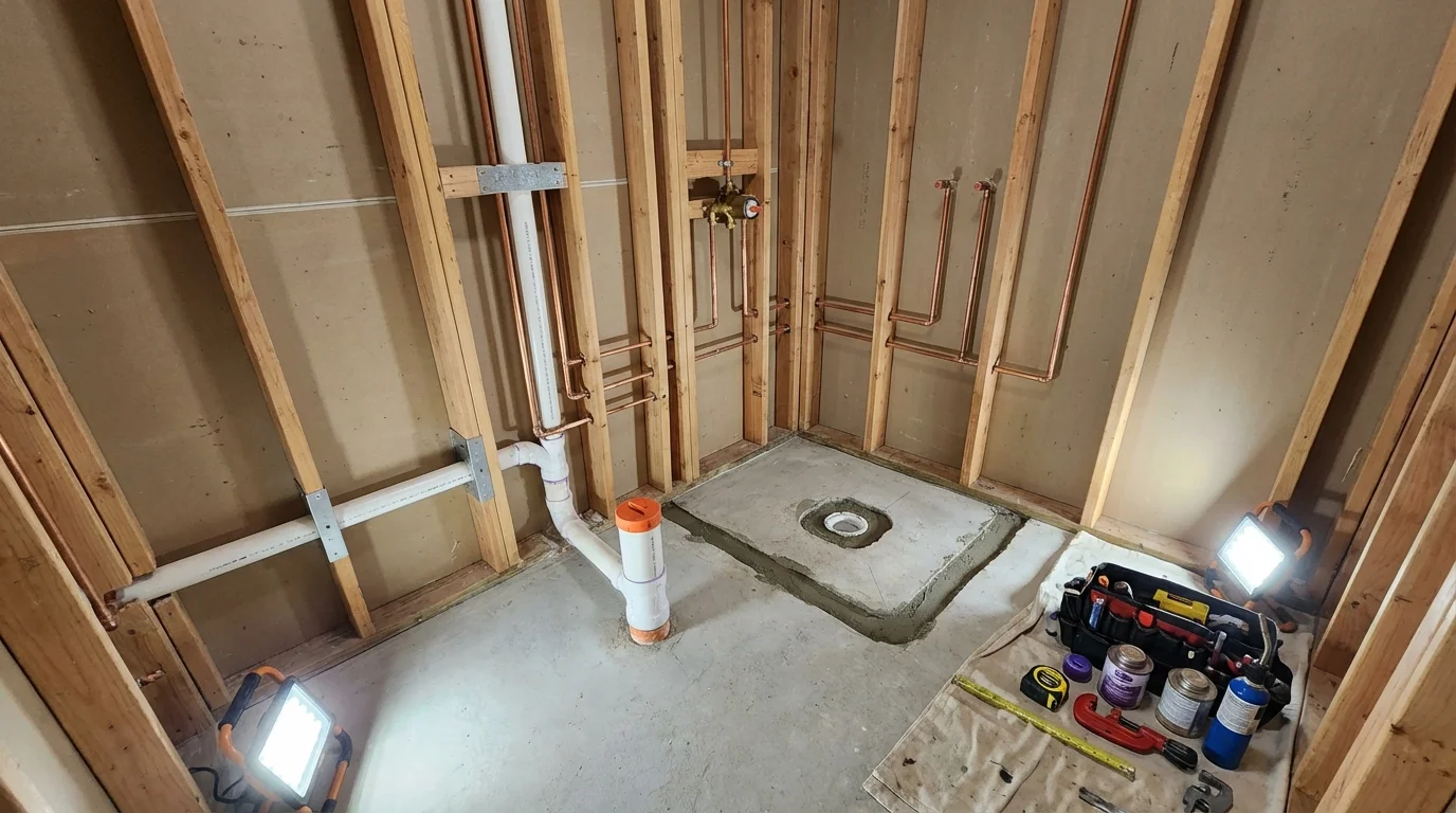 Bathroom rough-in plumbing during remodel by Johns Plumbing LLC in Waterman