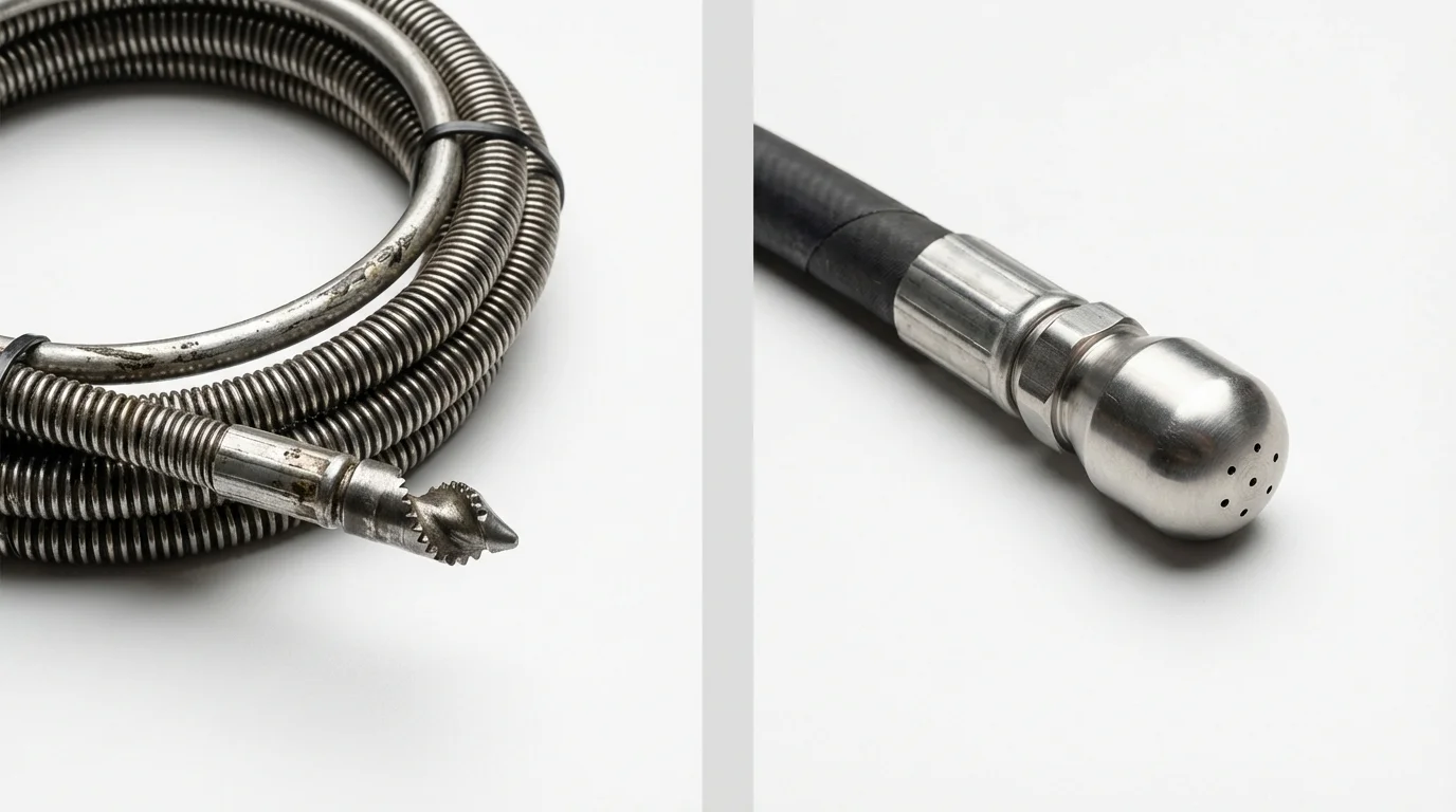Drain snake cable and hydro jetting nozzle used for drain cleaning in Waterman, IL