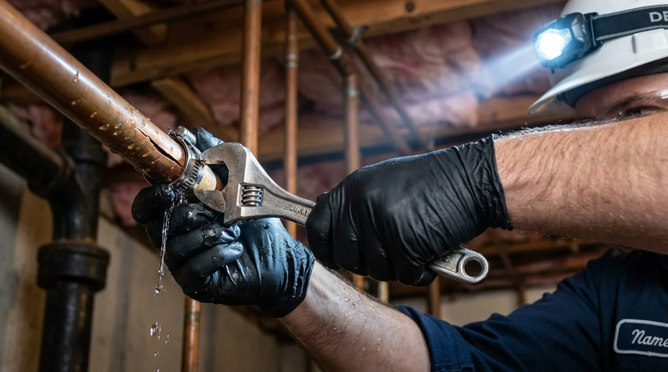 Emergency pipe clamp repair being performed by a Johns Plumbing LLC plumber in Waterman