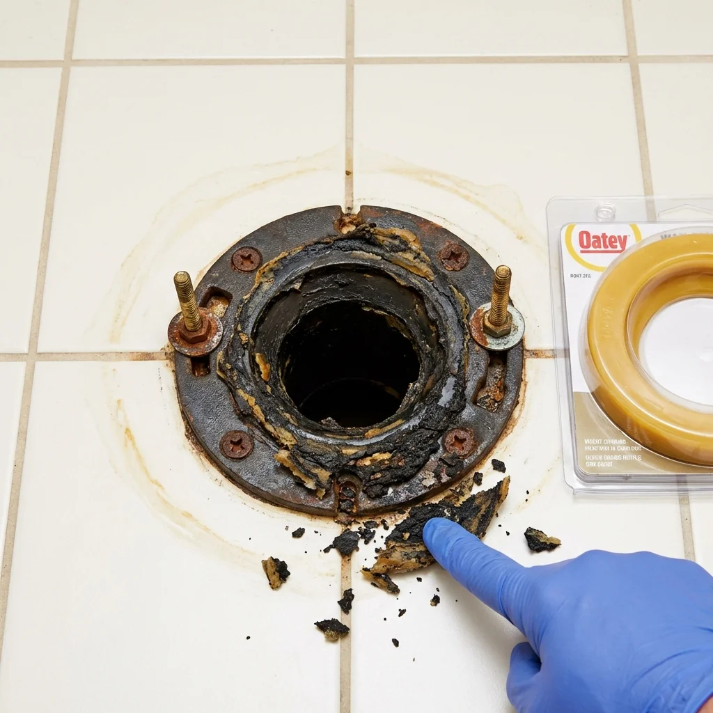 Failed wax ring showing water seepage at the base of a toilet in a Waterman, IL home