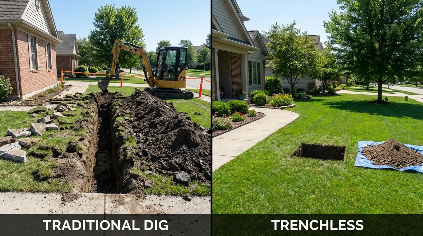 Trenchless sewer repair with minimal yard damage versus traditional excavation in Waterman, IL