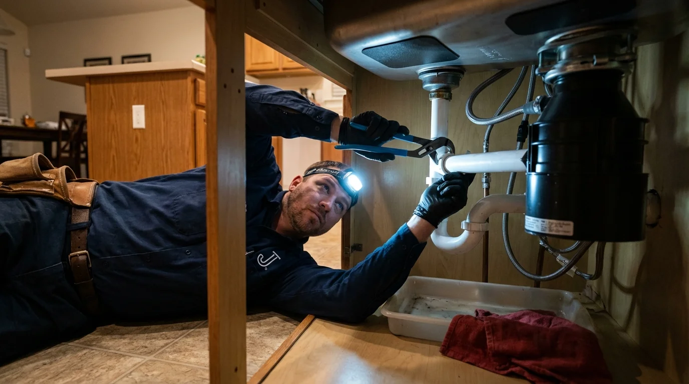 P-trap and supply line connections under a kitchen sink showing a common leak point in Waterman, IL